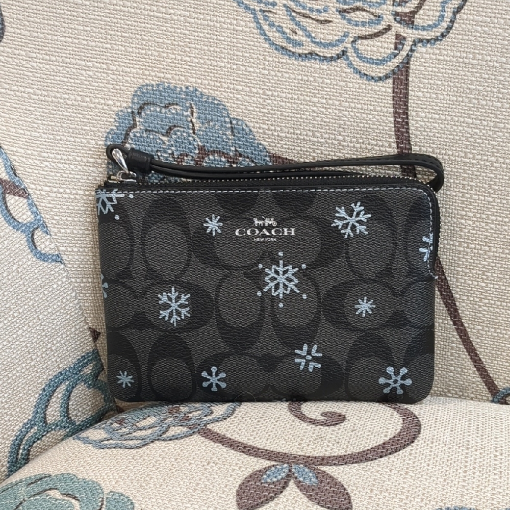 Coach Black Signature Canvas Wristlet with Light Blue Snowflake Print